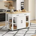 Produktbild: okwish Ausziehbare Kücheninsel Küchenschrank mit Steckdosen und Türregale,Bartheke Bartisch mit 2 feststellbare Rollen mit ausziehbaren Führungen,weiß