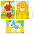 Produktbild: Goki Fädelspiel Papagei Löwe Zebra 12 x 16,5 cm Holzplatten mit Schnüre Tiere