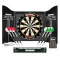 Produktbild: WINMAU Diamond Plus Dartscheibe Steeldart Set – Professionelles Sisal-Dartboard mit schwarzem Schrank, 2 Dart-Sets, Abwurflinie, Kreide & Handtuch. Komplettes Dartboard-Set für Zuhause.