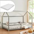 Produktbild: [en.casa] Kinderbett Hesel Hausbett mit Matratze 140 x 200 cm Grau mit Rausfallschutz und Lattenrost Montessori Bodenbett Jugendbett Holzbett