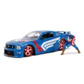 Produktbild: Jada Toys Marvel Captain America, 2006 Ford Mustang GT, Spielzeugauto aus Die-cast, Türen, Kofferraum, Motorhaube zum Öffnen, inkl. Die-cast Captain America Figur, Maßstab 1:24, blau