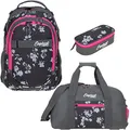 Produktbild: Elephant 3 Teile Set Schulrucksack Hero Signature Rucksack + Sporttasche + Mäppchen 12609 (Grey Flower (Grau/Pink Zip))