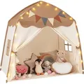Produktbild: COSTWAY Spielhaus Indoor, Kinderzelt Spielzelt mit Flaggen & Lichterketten, Kinderspielhaus für Kinder 3+ 157x98x148cm Braun - Braun