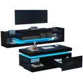 Produktbild: OKWISH TV-Wandschrank-Set, schwarzer TV-Schrank + schwarzer Couchtisch, schwarzer Hochglanz-Wandschrank, Wohnzimmerset, Hochglanz-Set mit LED-Leuchten
