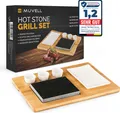 Produktbild: Muvell Hot Stone Granitstein Heißer Stein Grill Set 50x30x5 cm Bambusbrett inkl. Teller + 3 Beilagen-Dipschalen (Weiß, 7 - Teilig)