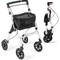 Produktbild: COSTWAY Rollator 5-Fach für Wohnung, Gehhilfe Indoor faltbar, leicht, höhenverstellbar, inkl. Tablett, Korb, 4 Rädern & Bremsen, Weiß, Schwarz - Weiß/Schwarz
