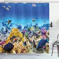 Produktbild: ABAKUHAUS Fisch Duschvorhang, Ozean Korallen Goldfish, Stoffliches Gewebe Badezimmerdekorationsset mit Haken, 175 x 200 cm, Türkis