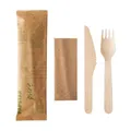 Produktbild: Einweg Besteck Set Papstar Pure, Messer, Gabel & Serviette, biologisch abbaubar, FSC®-zertifiziertes Birkenholz, 50 Stück in Papierbeutel 189591