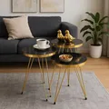 Produktbild: Beistelltisch Set 3-teilig Marmoroptik Schwarz Gold rund Retro Modern Wohnzimmer