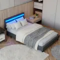 Produktbild: Juskys Polsterbett 120x200 cm – Bett Paris mit LED Beleuchtung, Lattenrost & Kopfteil, modernes Doppelbett aus Kunstleder & Holz – Grau