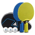 Produktbild: JOOLA Tischtennis Set Vivid Outdoor 2 Tischtennisschläger + 3 Tischtennisbälle + Tischtennishülle, Lime/blau, 6-teilig