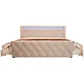 Produktbild: HOME DELUXE - Polsterbett VELARA - 140 x 200 cm, Farbe: Beige, gepolstertes Kopfteil mit LED Beleuchtung, inkl. 4 Schubladen I Doppelbett Komforbett - Beige