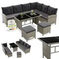 Produktbild: Juskys Polyrattan Lounge Manacor mit Ecksofa, Esstisch, 2 Hocker & Kissen - wetterfest bis 7 Personen - Bezüge waschbar - Rattan Garten Sitzgruppe Gartenlounge Gartenmöbel Set - Grau-meliert
