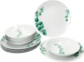 Produktbild: 12tlg Tafelservice Eukalyptus weiß Porzellan 6 Personen Essteller Suppenteller
