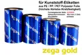 Produktbild: zega-labels Thermotransfer Farbband 110 mm x 300 m - zega gold (Harz Kratzfest) - Farbseite AUSSEN - Ribbon für Zebra ZT-Serie/ZD421T - 1 Zoll Kern Ø 25 mm - für PE-Folie PP-Folie PET Polyesterfolie