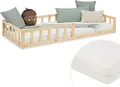 Produktbild: Homestyle4u Kinderbett 90x200 mit Rausfallschutz Natur Bodenbett Montessori Bett Lattenrost Matratze mit ® Standard 100