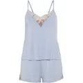 Produktbild: Shorty LASCANA, Damen, Gr. 32/34, blau (hellblau), Single Jersey, Obermaterial: 95% Viskose, 5% Elasthan, unifarben mit Farbeinsätzen, figurumspielend kurz, tiefer V-Ausschnitt, Homewear-Sets Shorty, mit hübschen Spitzendetails