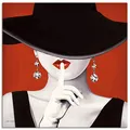 Produktbild: ARTLAND Wanddeko Leinwand Bilder Wandbild 70x70 cm Frau Hut Stil Lippenstift Beauty Mode Moderne Kunst Schwarz Weiß Rot K8BI