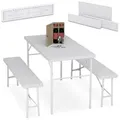 Produktbild: Relaxdays Bierzeltgarnitur klappbar, 3-tlg. Bierbank Set mit großem Tisch, Garten, Festzeltgarnitur, Rattanoptik, weiß