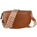 Produktbild: MIRROSI® Bauchtasche Damen, Echtleder, Made in Italy, Umhängetasche, Brusttasche, Crossbody Bag (1 Tasche & 2 Gurte) (Cognac (Bohemian Braun Beige), Mittelgroße Tasche (25x16x7cm))
