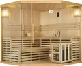 Produktbild: Artsauna Saunakabine Espoo200 Premium mit Harvia Ofen – 5 Personen – Hemlock Holz, Glasfront und LED Licht – Inkl. Thermometer & Sanduhr –Komplett Set