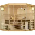 Produktbild: Artsauna Saunakabine Espoo200 Premium mit Harvia Ofen – 5 Personen – Hemlock Holz, Glasfront und LED Licht – Inkl. Thermometer & Sanduhr –K...