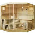Produktbild: Artsauna Saunakabine Espoo200 Premium mit Harvia Ofen – 5 Personen – Hemlock Holz, Glasfront und LED Licht – Inkl. Thermometer & Sanduhr –Komplett Set