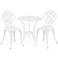 Produktbild: casa.pro Bistro Set Wakefield Balkonmöbel Set 3-teilig Outdoor Sitzgruppe aus Aluminiumguss mit Beinen aus Gusseisen runder Bistrotisch mit 2 Stühlen wetterfest Weiß