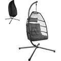 Produktbild: tectake Hängesessel mit Gestell und Kissen 160kg belastbar - Polyrattan dunkelgrau - höhenverstellbare Kette 98x107x202cm - Dunkelgrau
