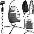 Produktbild: tectake® Hängesessel mit Gestell, Dicke Kissen, Möbel, Deko für Wohnzimmer, Jugendzimmer, Balkon, Outdoor oder Indoor Schaukel Sessel, Kinder & Erwachsene, belastbar bis 160kg - dunkelgrau