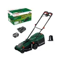 Produktbild: Bosch Akku-Rasenmäher ROTAK18V-32 (Schnittbreite: 32 cm, Schnitthöhe: 25-65 mm, 35 l Stoff-Grasfangkorb, Mulchstopfen, inkl. Akku und Ladegerät)