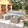 Produktbild: BTM Polyrattan Lounge-Sofagarnitur, Lounge-Gartenmöbel, Ecksofa, Couchgarnitur mit Sitz- und Rückenkissen, mit Glasplatte, Khaki