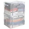 Produktbild: FALINGO Faltbare Aufbewahrungsboxen Faltboxen Aufbewahrungstaschen 2 Stück stabiler Metallrahmen stapelbar Reißverschlüsse seitliche Tragegriffe transparent 66 Ltr (50L x 40B x 33H cm)