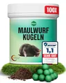 Produktbild: PVU MAULWURF Kugeln 100 Stück - Maulwurf Vertreiber & Wühlmausschreck - Sofort-& Langzeitwirkung - EUKALYPTUS Zitrone Duft - Effektives Mittel gegen Maulwürfe & Wühlmäuse - biologisch abbaubare Kugeln
