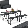 Produktbild: Juskys Bierzeltgarnitur Amberg 3-teilig & klappbar – 180 x 74 x 74 cm – 2 Bierbänke & 1 Biertisch in Rattan-Optik Gartenmöbel-Set Festzeltgarnitur
