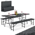 Produktbild: Juskys Bierzeltgarnitur Amberg 3-teilig & klappbar - 180 x 74 x 74-2 Bierbänke & Biertisch in Rattan-Optik Gartenmöbel-Set Festzeltgarnitur Camping