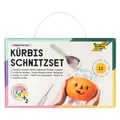 Produktbild: folia 23008 - Kürbisschnitzset CARVE YOUR WAY aus Metall, mit 4 Werkzeugen zum Schnitzen, Set für Kinder und Erwachsene, inkl. Schablonen und Stickern