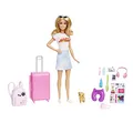 Produktbild: Barbie-Puppe, Reise-Barbie mit blonden Haaren, 10+ Reisezubehör, Aufkleber, Koffer, Welpe, inkl. 1 Puppe, Geschenk für Kinder, Spielzeug ab 3 Jahre,HJY18