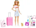 Produktbild: Barbie Reise Puppe Blond 10teilig Reisezubehoer Koffer Welpe Set HJY18
