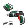 Produktbild: Bosch Kompakt-Akkuschrauber IXO (7. Generation, 3,6V / 2,0Ah, 5,5Nm, Set mit Winkeladapter zum Einschrauben und Adapter zum kantennahen Einschrauben, Micro-USB-Kabel, Koffer)