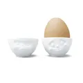 Produktbild: FIFTYEIGHT PRODUCTS / Tassen/Eierbecher - Set Nr. 3 „Glücklich & HMPFF“ (Porzellan, weiß, Made in Germany)
