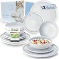 Produktbild: SÄNGER | Tafelservice Santorini 12 tlg, Teller Set 4 Personen TEST SEHR GUT, Steingut Geschirr Set inkl. Speise- Dessertteller & Tiefe Teller Creme mit Flieder Blauem Verlauf | PREMIUM COLLECTION