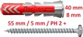 Produktbild: Fischer DuoPower Dübel 8x40 S mit Rundkopfkopfschraube PH2 +  5,0 x 55 A19169 29