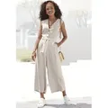 Produktbild: Overall LASCANA, Damen, Gr. 38, N-Gr, beige (sand), Web, Obermaterial: 85% Viskose, 15% Leinen, unifarben, figurumspielend lang, V-Ausschnitt, Overalls, und Taschen, sommerlicher Jumpsuit, casual-chic