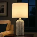 Produktbild: Tischlampe Glas Textil Nachttischlampe Wohnzimmerlampe Tischleuchte weiß, 1x E27 Fassung, DxH 26,5x50 cm