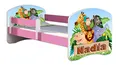 Produktbild: ACMA Kinderbett 70 x 140 cm mit Matratze & Lattenrost – Jugendbett mit Rausfallschutz, personalisiertes Motiv 02N Animals + Name - Rosa, Mädchenbett ab 3 Jahren, belastbar bis 120 kg