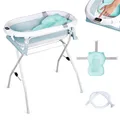 Produktbild: moovkee. Baby Badewanne mit Gestell 80cm – Babybadewanne Faltbar Blau | mit Thermometer, Badekissen und Abflusssystem - Babywanne mit Ständer Sicher für Ihr Neugeborenes