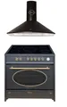 Produktbild: GURARI Elektro-Standherd Retro Glaskeramik Herd 90 cm Schwarz Range Cooker Elektro XXL Backofen 121 L mit Dunstabzugshaube 90 cm GCH E 912 BL r+GCH C 046 BL 9.., mit 1-fach-Teleskopauszug