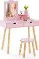 Produktbild: COSTWAY Kinder Schminktisch Set, 2in1 Frisiertisch Schreibtisch & Hocker mit abnehmbarem Spiegel, 2 Schubladen, Kamm für Kinder von 3-7 Jahren Rosa
