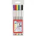 Produktbild: STABILO Fasermaler Pen 68 brush 6er Kunststoffetui, Strichstärke: variabel. Farben: lila, karmin, gelb, türkisblau, mittelgrau, schwarz.